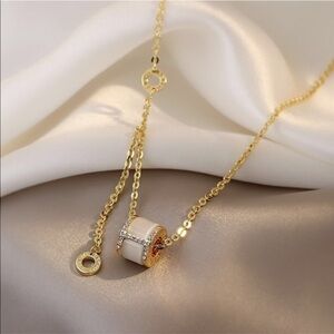 Gold Enamel Cylinder Pendant Necklace Crystal Accent 17” NWT